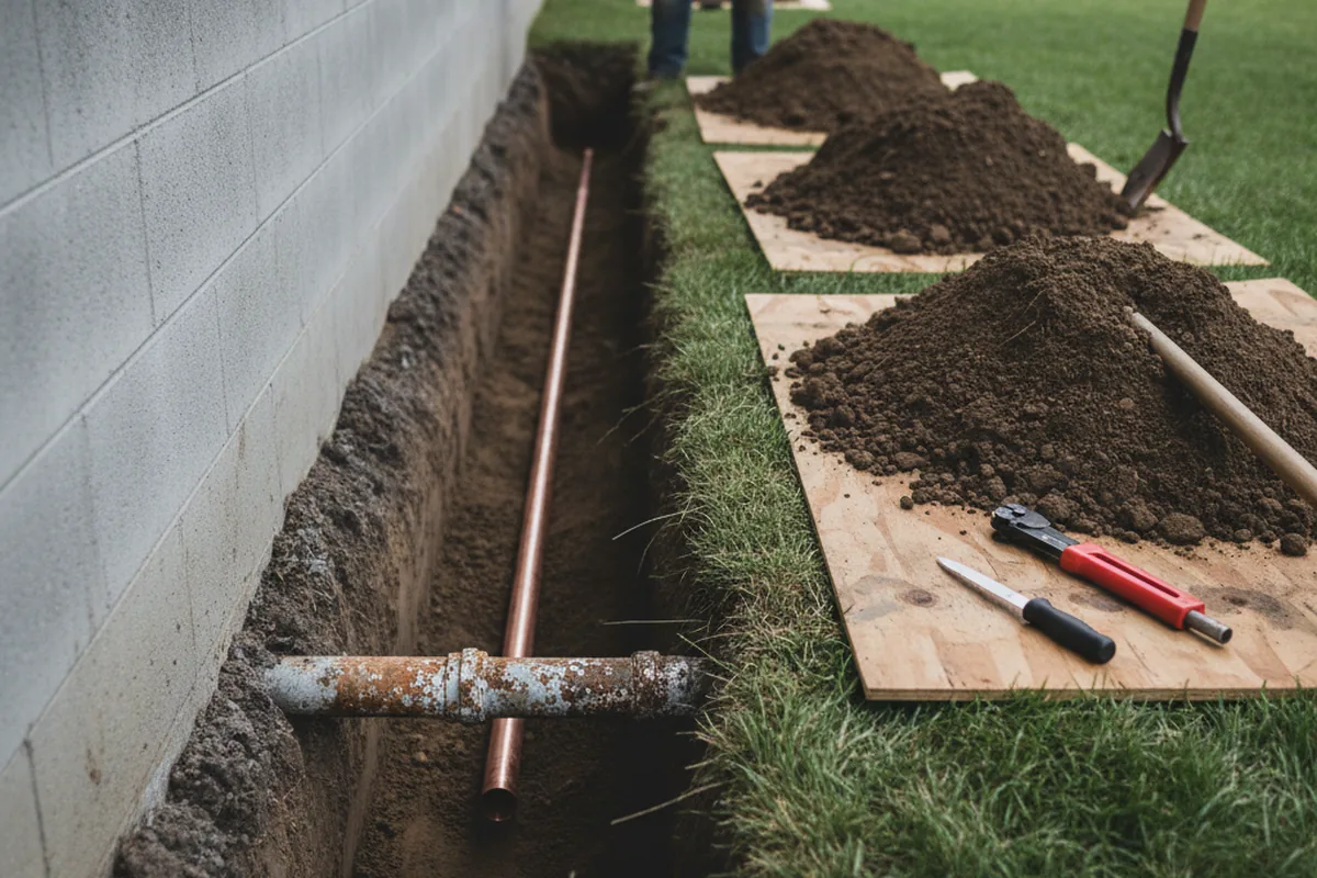 Excavated water line trench during Sewer Line Repair in Seabrook